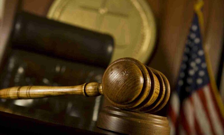 Closeup of gavel in court room