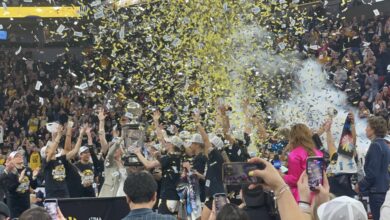 Confetti flies as the Hawks win their third straight Big Ten Tournament title.