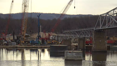 Still image of progress at the Lansing Bridge project from https://iowadot.gov/lansingbridge