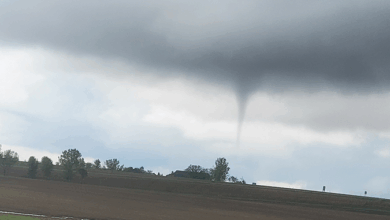 Cold air funnel beginning to touch down south of Charles City on May 9, 2024. Photo credit: KCHA News