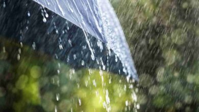 Rain drops falling from a black umbrella concept for bad weather
