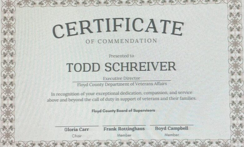 Floyd County Veterans Affairs Director Schriever Recognized for Going Above and Beyond Todd Schriever Certificate 780x470