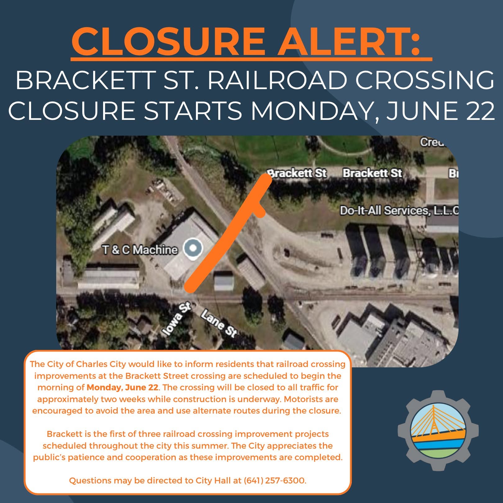 Charles City Bracket Street Railroad Crossing Closing Monday (06.22) - 95.1 The Bull